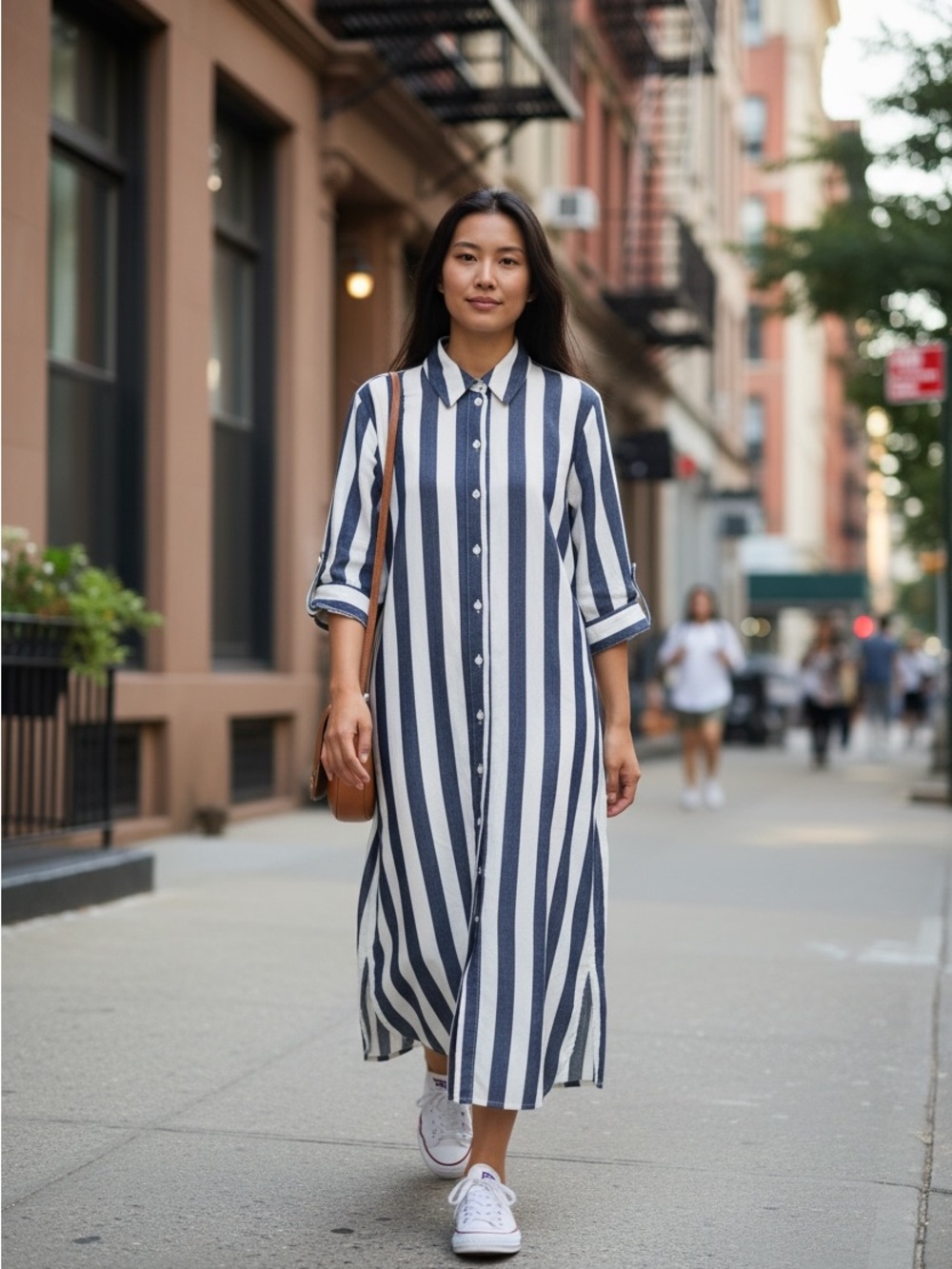 Neiman Marcus Navy & White Striped Button-Front Midi Shirt Dress